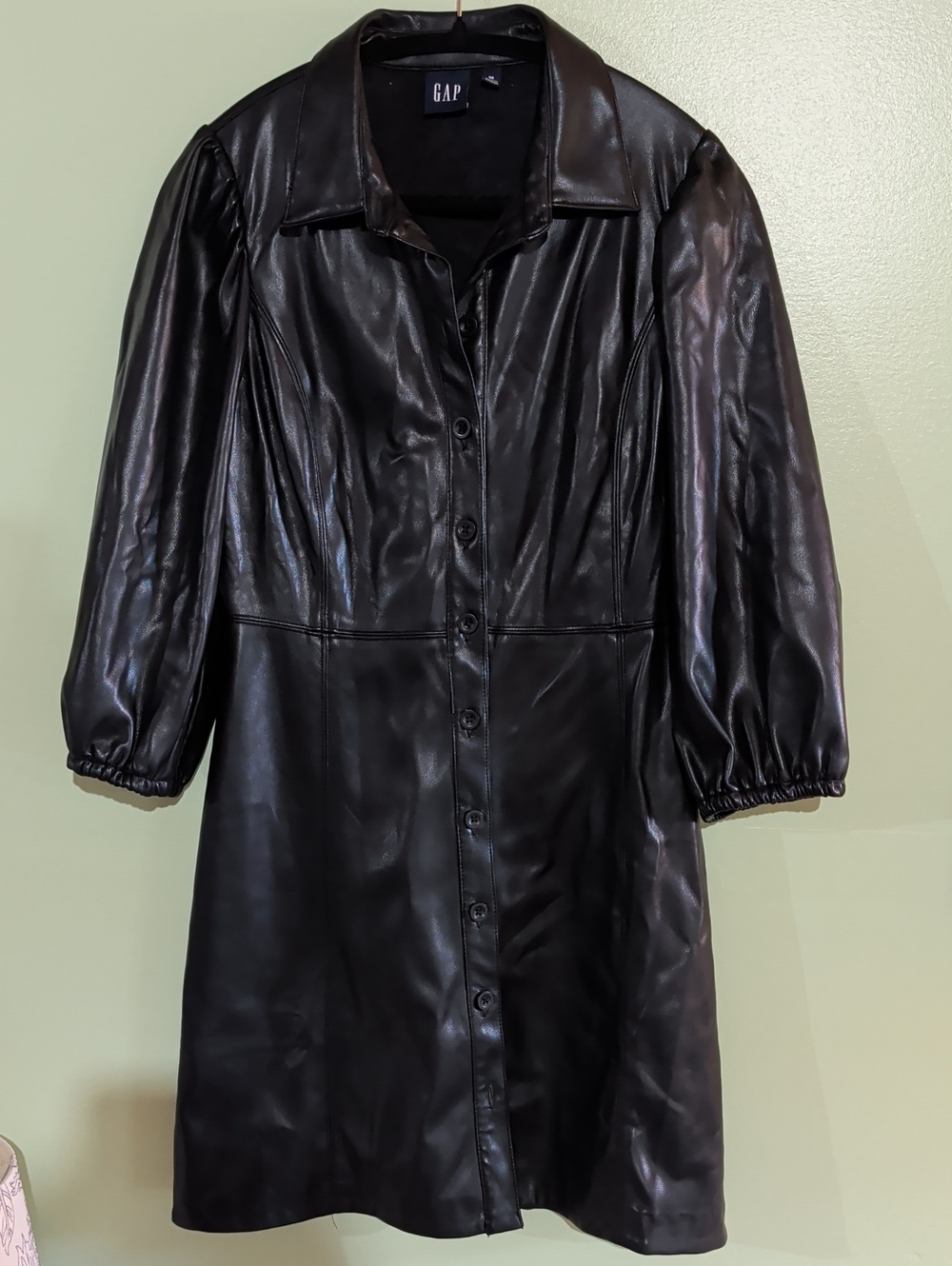GAP Black Faux Leather Button-Front Coat with Puff Sleeves